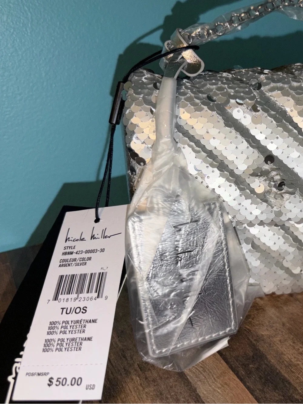 Nicole Miller Silver Sequin Shoulder Bag or Clutch